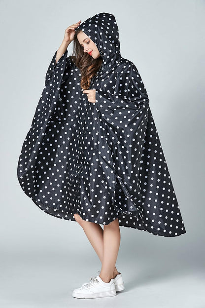 Womens Rain Poncho Stylish Polyester Waterproof Raincoat Free Size with Hood Zipper
