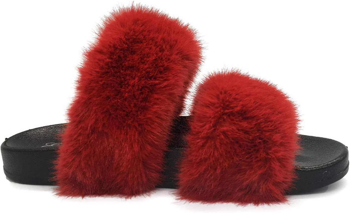 Fluffy Fur Slides for Women Single/Double Band Faux Fur Decor with Glitter Rhinestones Sliders Two Strap Slide Open Toe Slippers Fur Slides for Women Fluffy Sandals