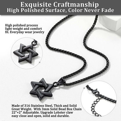 Jewish Star of David Necklace Hexagram Pendant Necklace Stainless Steel Jewelry Gifts for Men Boyfriend Dad Father - Black