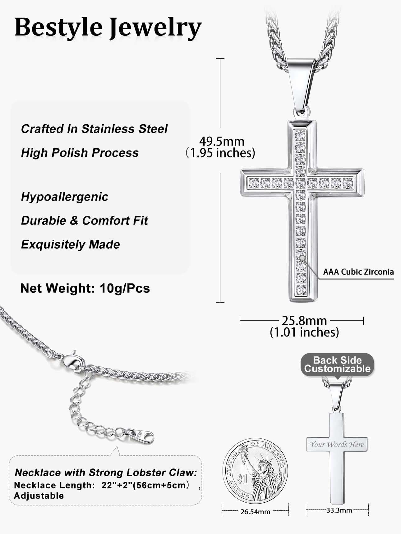 Men'S Cross Necklace with Sparkle Cubic Zirconia Christian Jesus Cross Pendant Necklace 3D Trendy Jewelry Gift, Silver