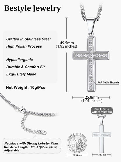 Men'S Cross Necklace with Sparkle Cubic Zirconia Christian Jesus Cross Pendant Necklace 3D Trendy Jewelry Gift, Silver