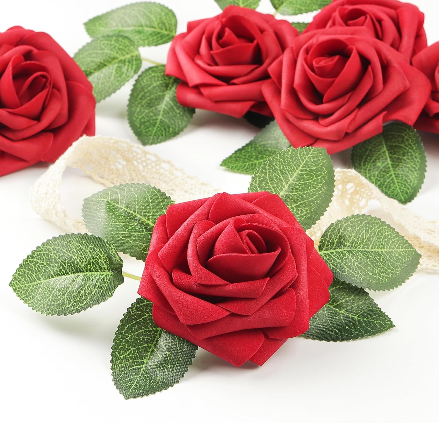 50Pcs Red Roses Artificial Flowers Bulk, Red Roses for Decorations, Real Looking Fake Foam Roses Bulk with Stems DIY Wedding Bouquet Faux Floral Arrangement Bride Shower Party Home Table Decor