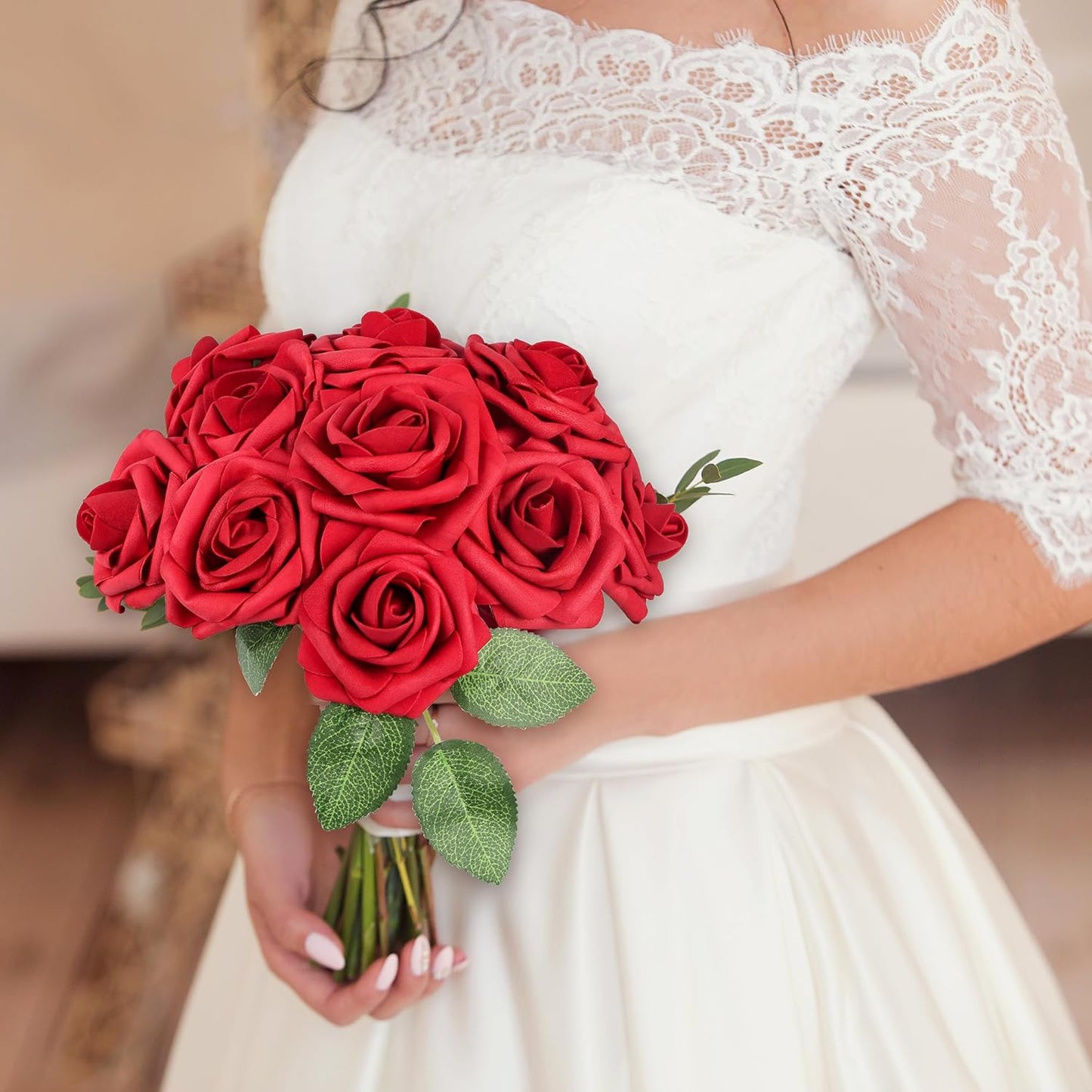 50Pcs Red Roses Artificial Flowers Bulk, Red Roses for Decorations, Real Looking Fake Foam Roses Bulk with Stems DIY Wedding Bouquet Faux Floral Arrangement Bride Shower Party Home Table Decor