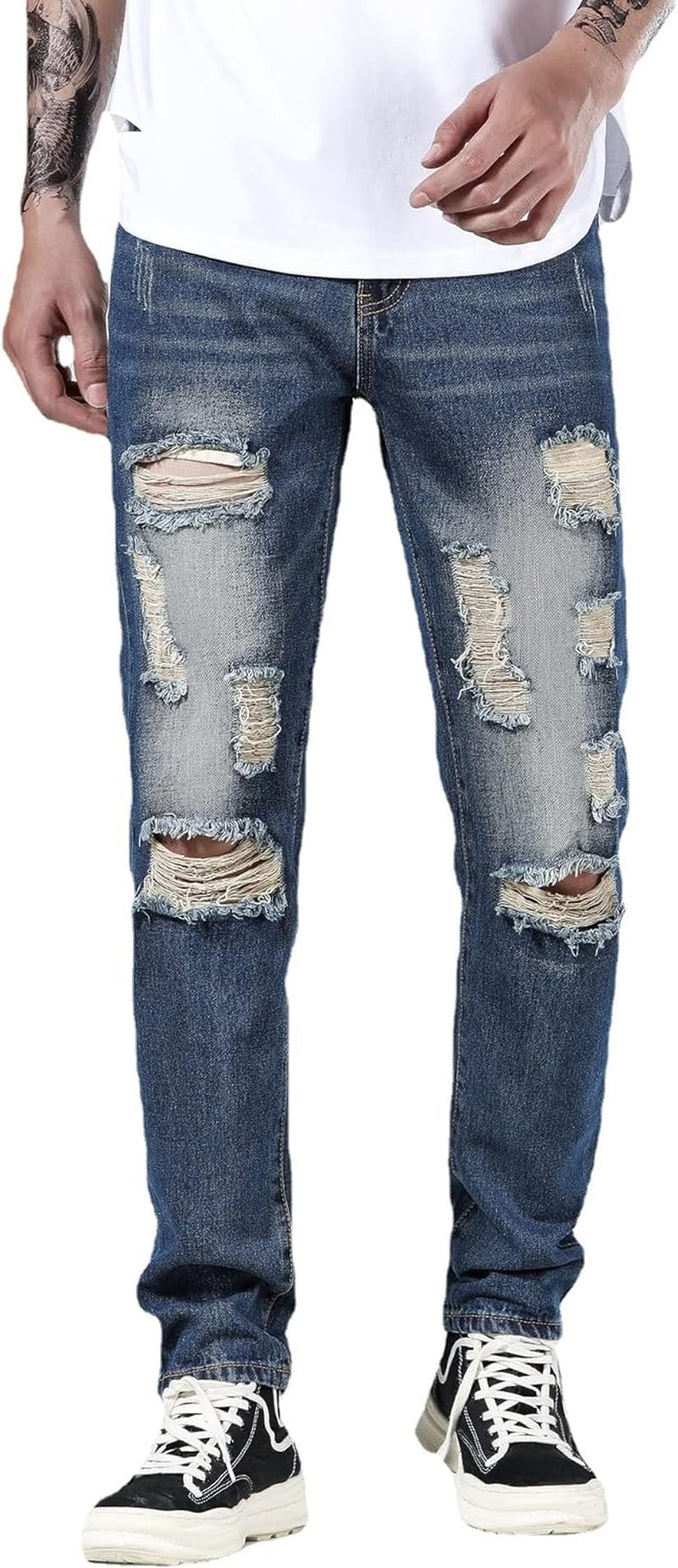 Men'S Ripped Distressed Destroyed Straight Fit Washed Denim Jeans Pants