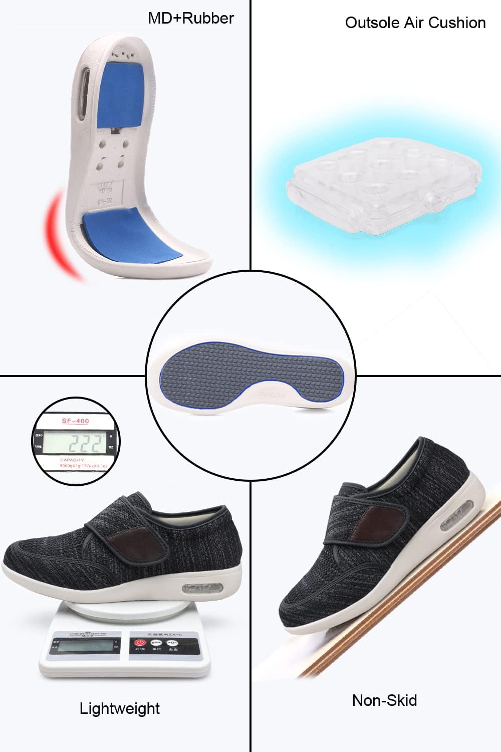 Diabetic Shoes for Elderly Men Width X-Wide Casual Shoes for Men Swollen Feet Adjustable Large Size Walking Shoes Non-Slip Fattening and Widening Black Grey 8