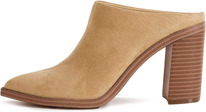 Womens Chunky Heels Mules Backless Closed Toe Slip on Stacked Block Heel Booties