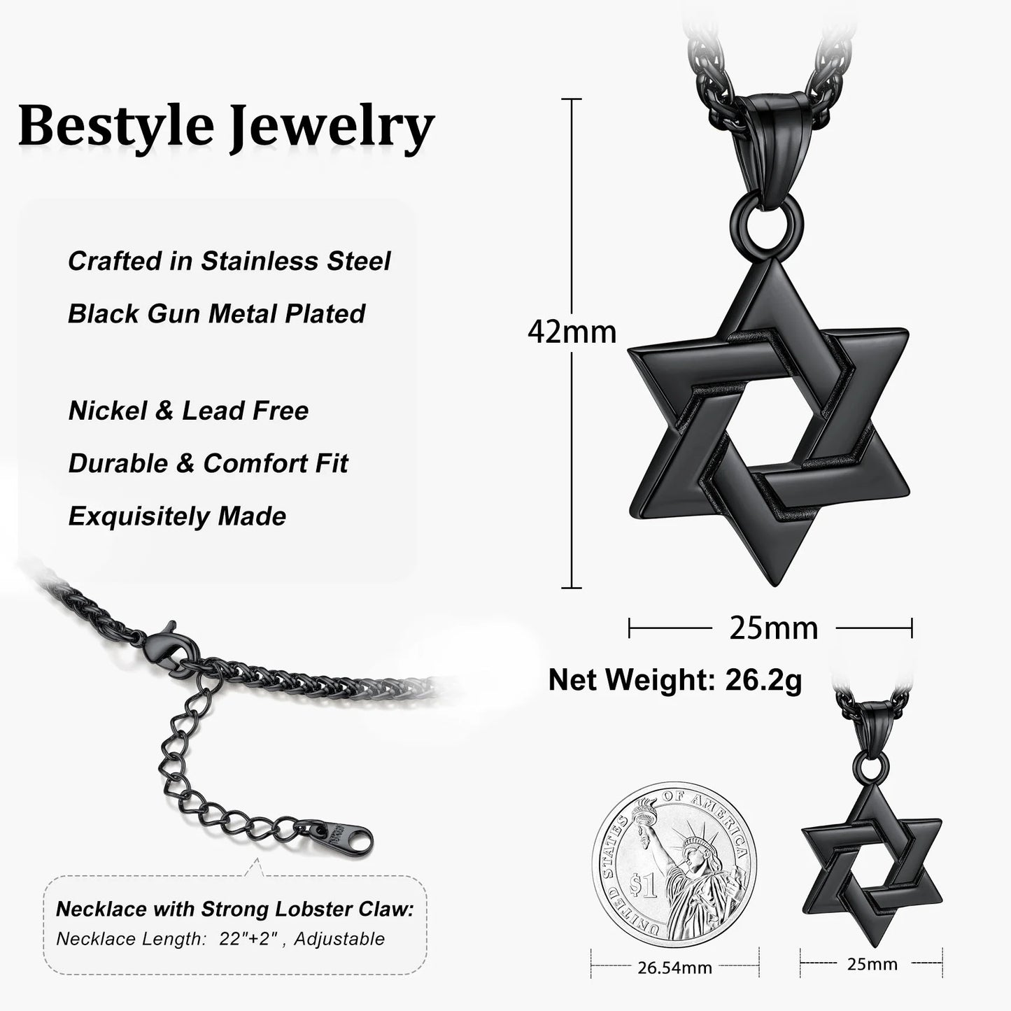 Jewish Star of David Necklace Hexagram Pendant Necklace Stainless Steel Jewelry Gifts for Men Boyfriend Dad Father - Black
