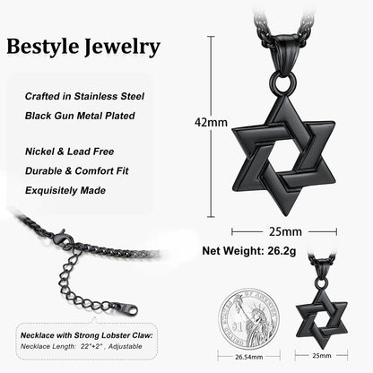 Jewish Star of David Necklace Hexagram Pendant Necklace Stainless Steel Jewelry Gifts for Men Boyfriend Dad Father - Black