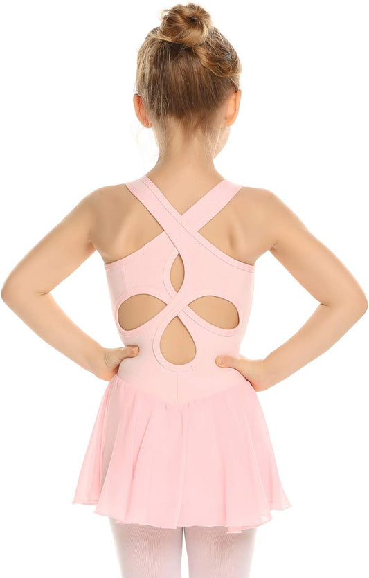 Kid Girls Hollow Back Ballet Leotard with Skirt Sleeveless Dance Dresses