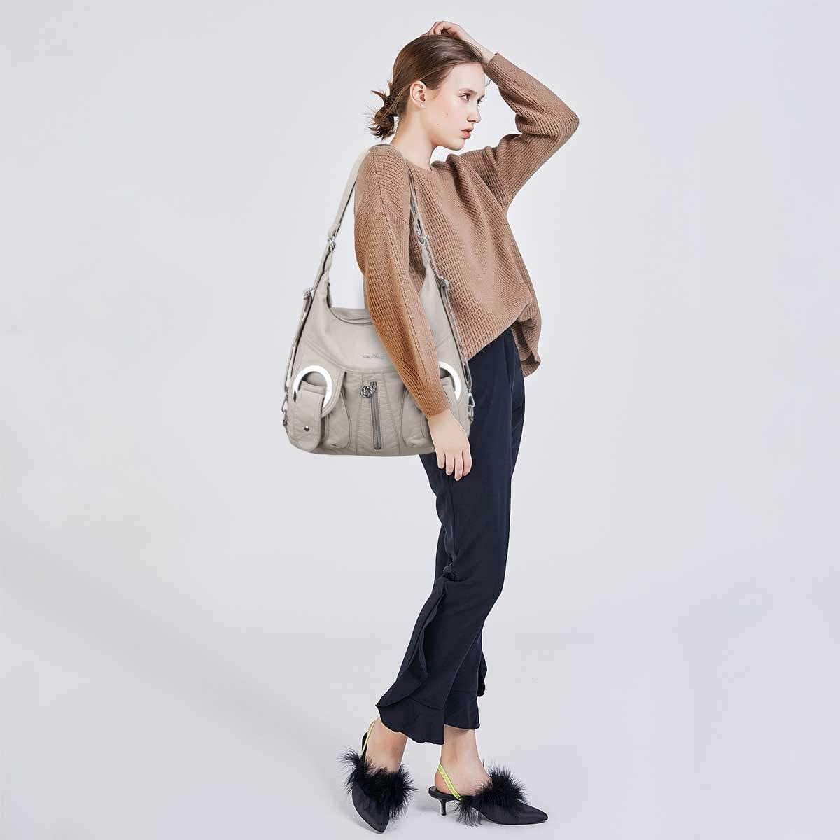 Angel Kiss Purses and Handbags for Women Multi-Pocket Roomy Hobo Shoulder Bags Ladies Satchel Tote Washed Soft Leather Bag