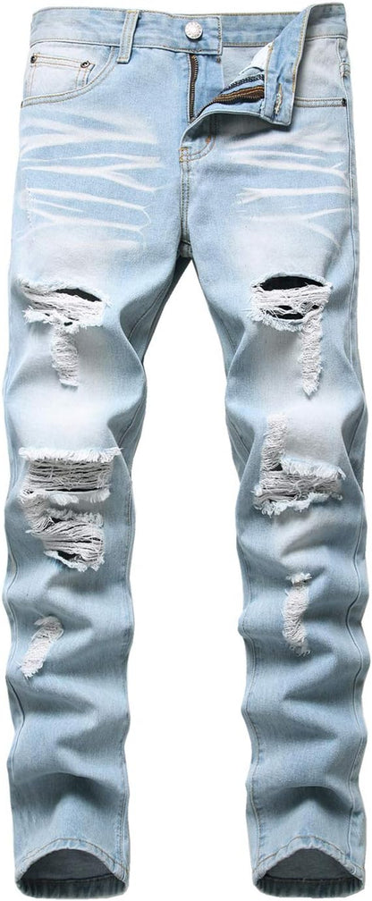 Men'S Ripped Distressed Destroyed Straight Fit Washed Denim Jeans Pants