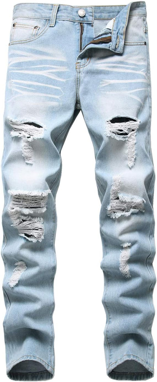 Men'S Ripped Distressed Destroyed Straight Fit Washed Denim Jeans Pants