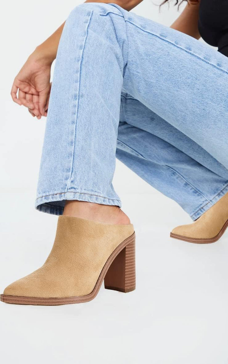Womens Chunky Heels Mules Backless Closed Toe Slip on Stacked Block Heel Booties