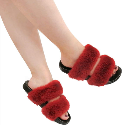 Fluffy Fur Slides for Women Single/Double Band Faux Fur Decor with Glitter Rhinestones Sliders Two Strap Slide Open Toe Slippers Fur Slides for Women Fluffy Sandals