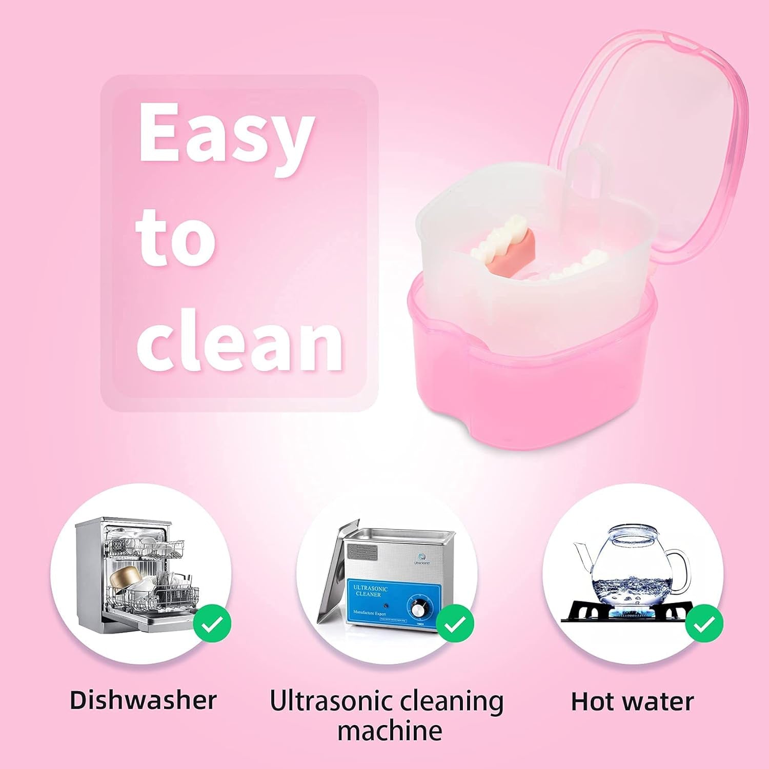 Dental Orthodontic Retainer Container Cleaning Case,Denture Bath Box Case Cup Holder, Mouthguard Storage Soaking Case - Pink