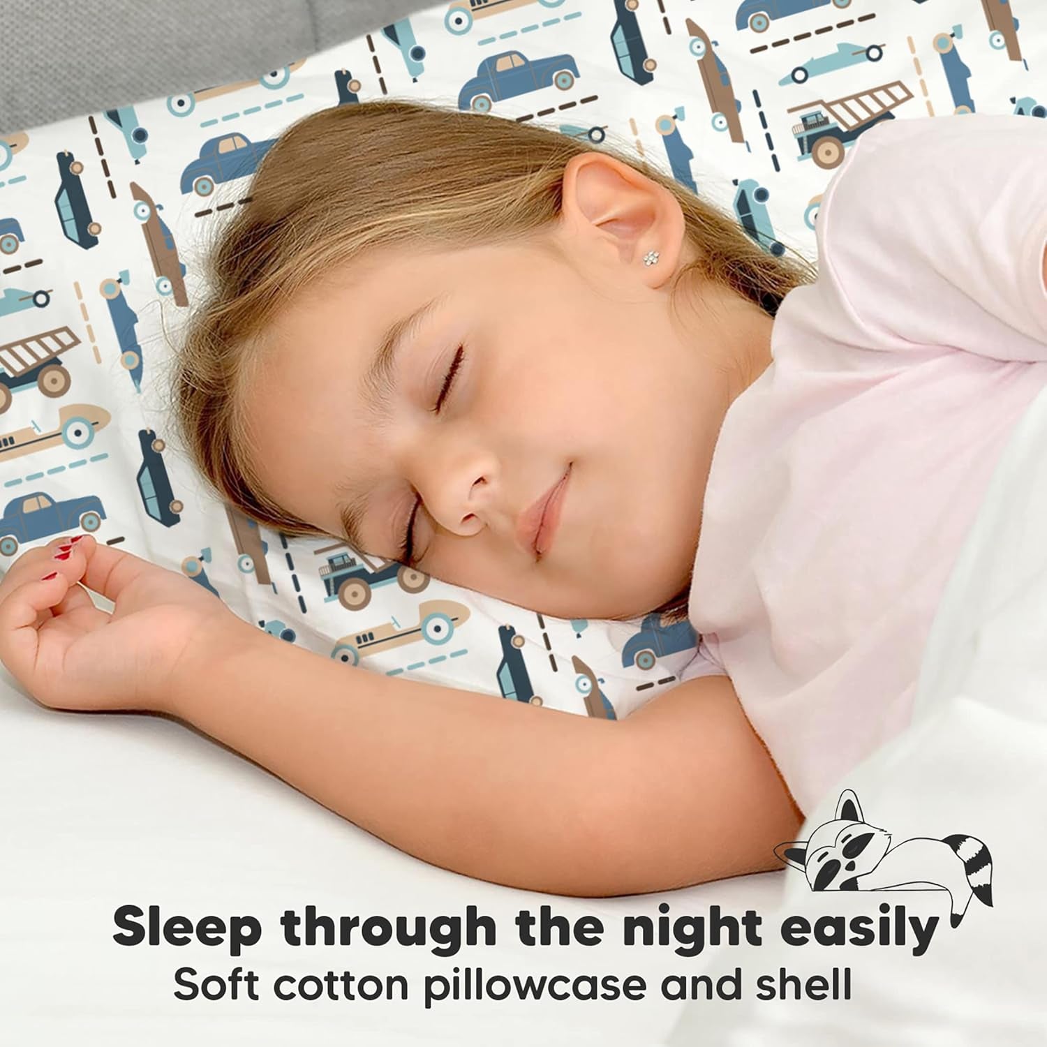 Toddler Pillow with Pillowcase - 13X18 My Little Dreamy Kids Travel Bed Pillows for Sleeping, Organic Cotton Small Pillowcase, Soft & Breathable, Machine Washable, Toddlers 2-5 Years Old (Vroom)