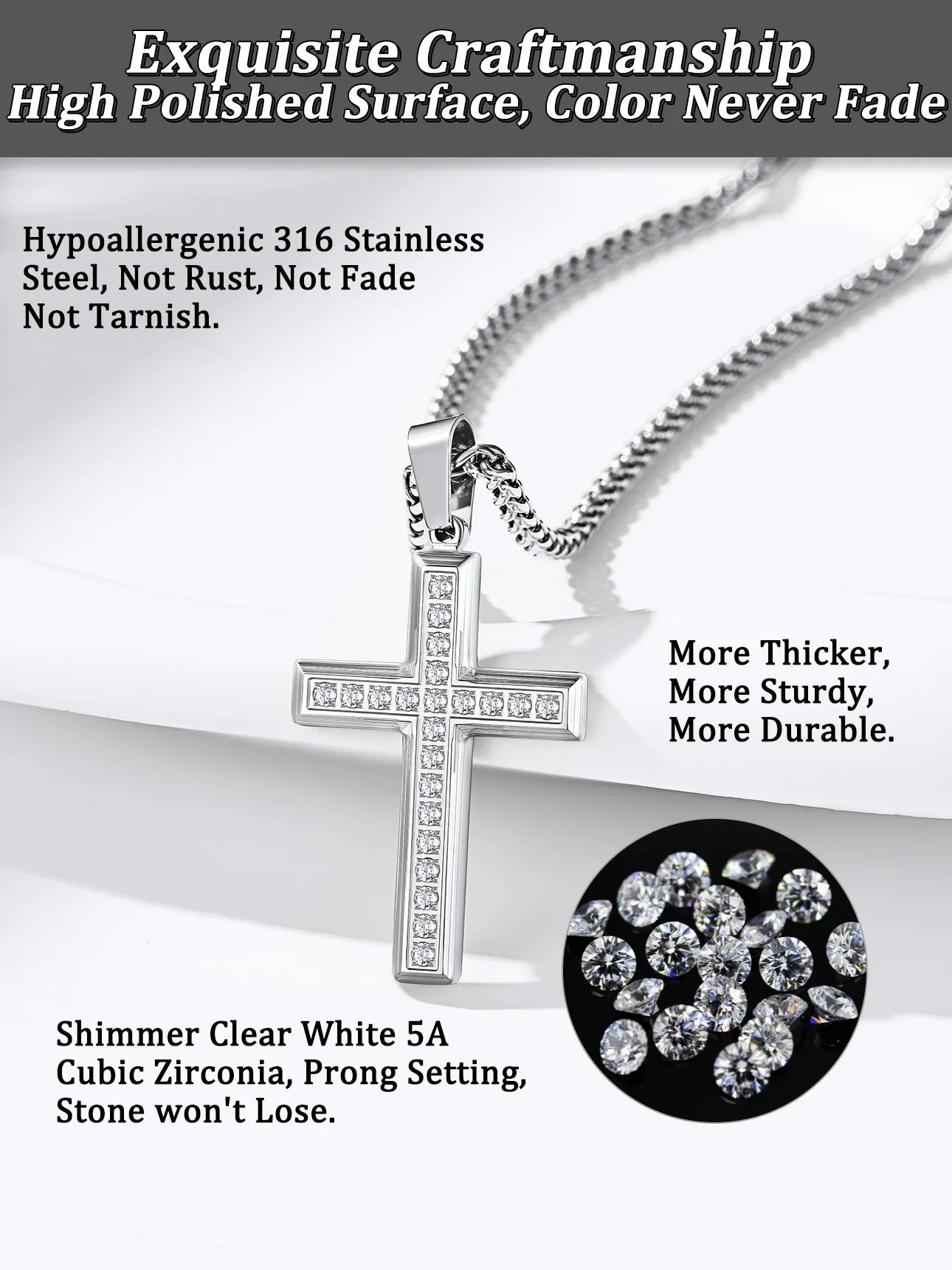 Men'S Cross Necklace with Sparkle Cubic Zirconia Christian Jesus Cross Pendant Necklace 3D Trendy Jewelry Gift, Silver
