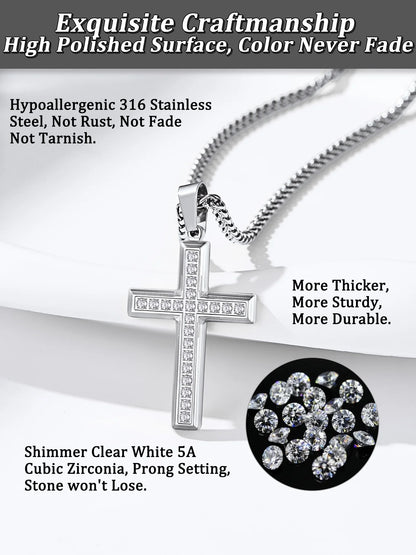 Men'S Cross Necklace with Sparkle Cubic Zirconia Christian Jesus Cross Pendant Necklace 3D Trendy Jewelry Gift, Silver