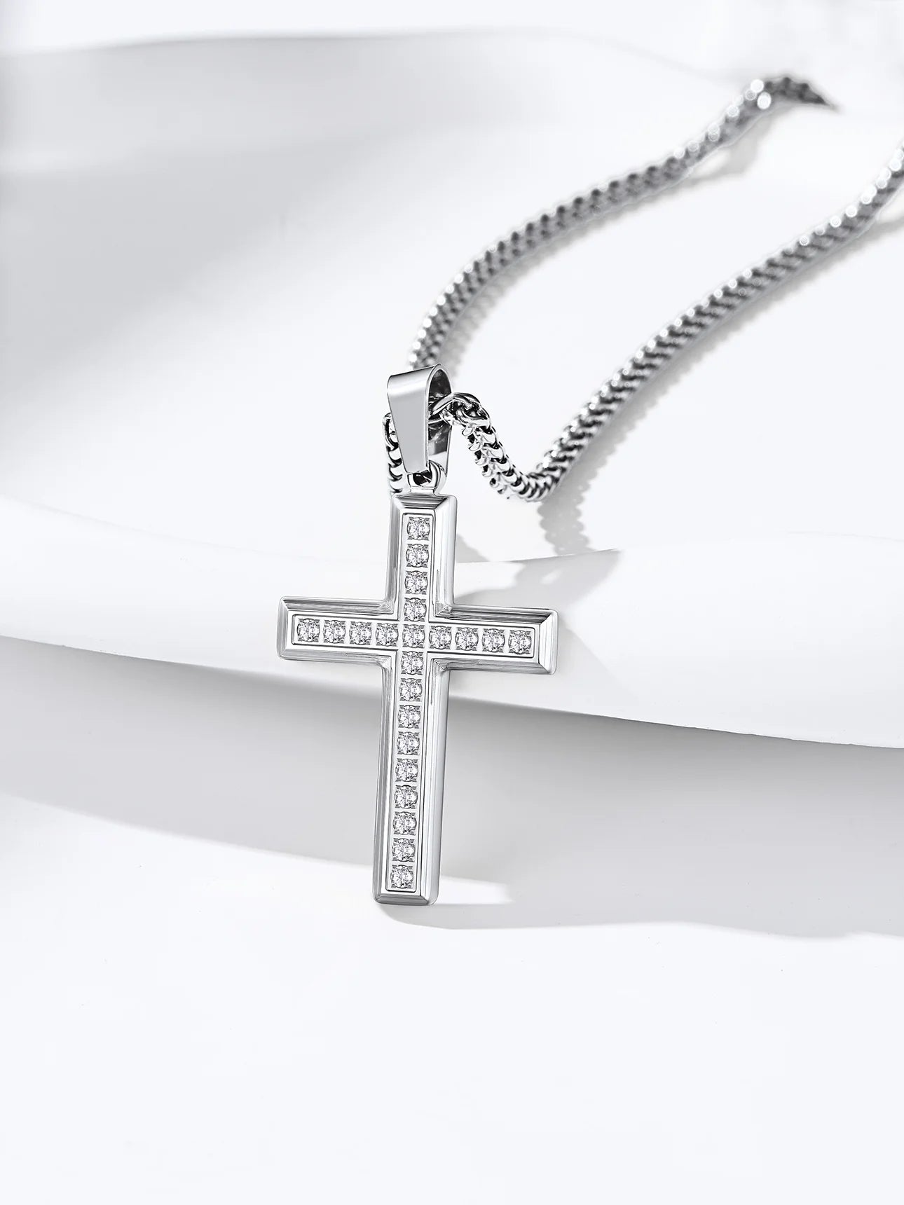 Men'S Cross Necklace with Sparkle Cubic Zirconia Christian Jesus Cross Pendant Necklace 3D Trendy Jewelry Gift, Silver