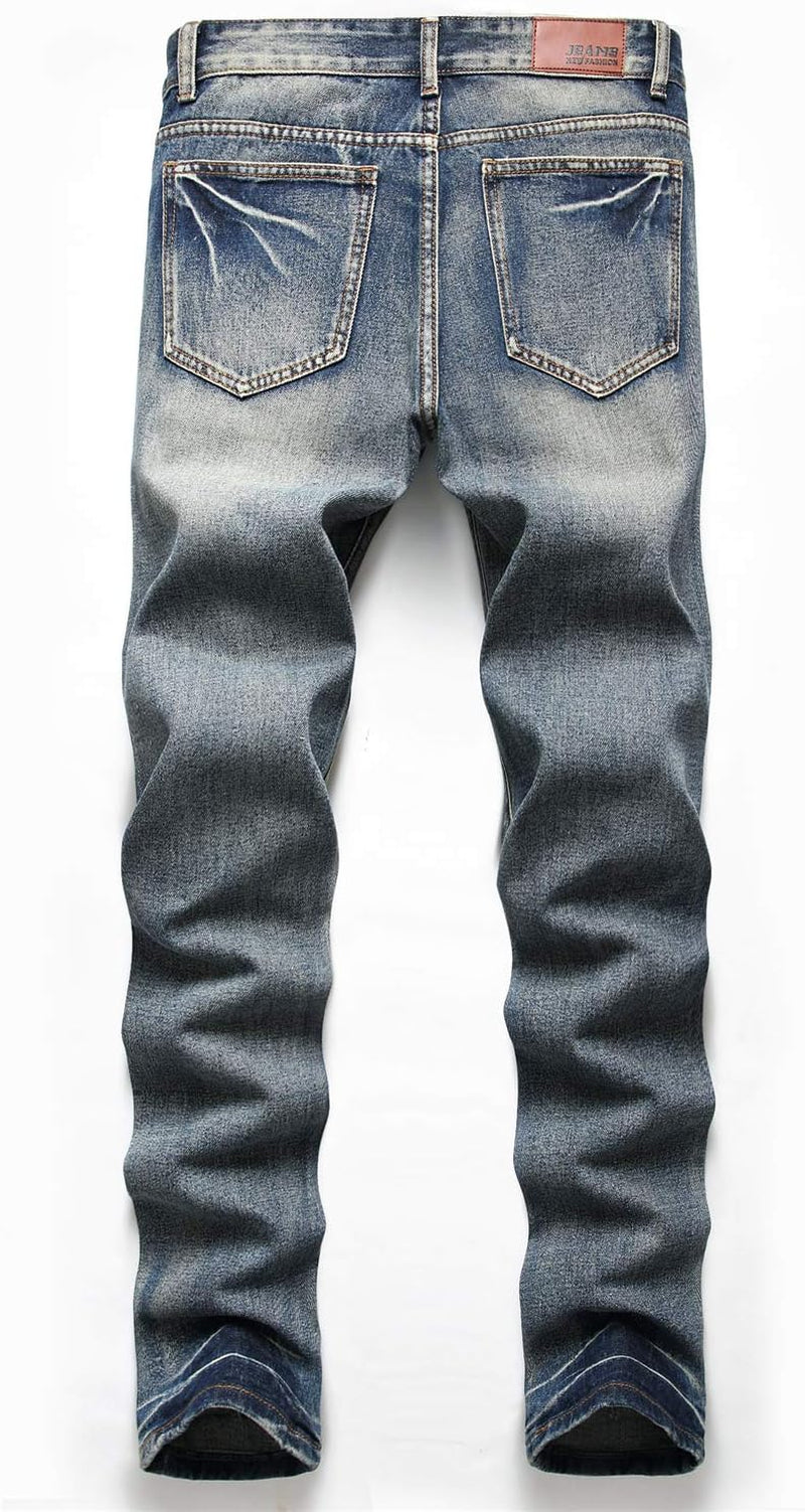 Men'S Ripped Distressed Destroyed Straight Fit Washed Denim Jeans Pants