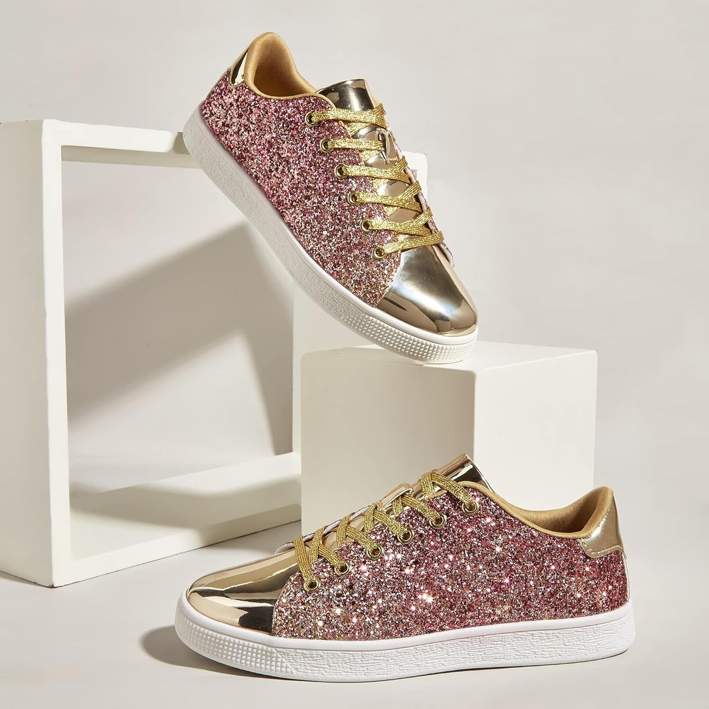 Glitter Shoes Sparkly Bling Shiny Bedazzled Lace up Fashion Sneakers for Women