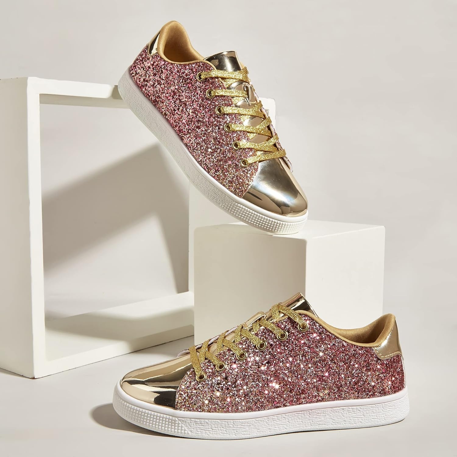 Glitter Shoes Sparkly Bling Shiny Bedazzled Lace up Fashion Sneakers for Women
