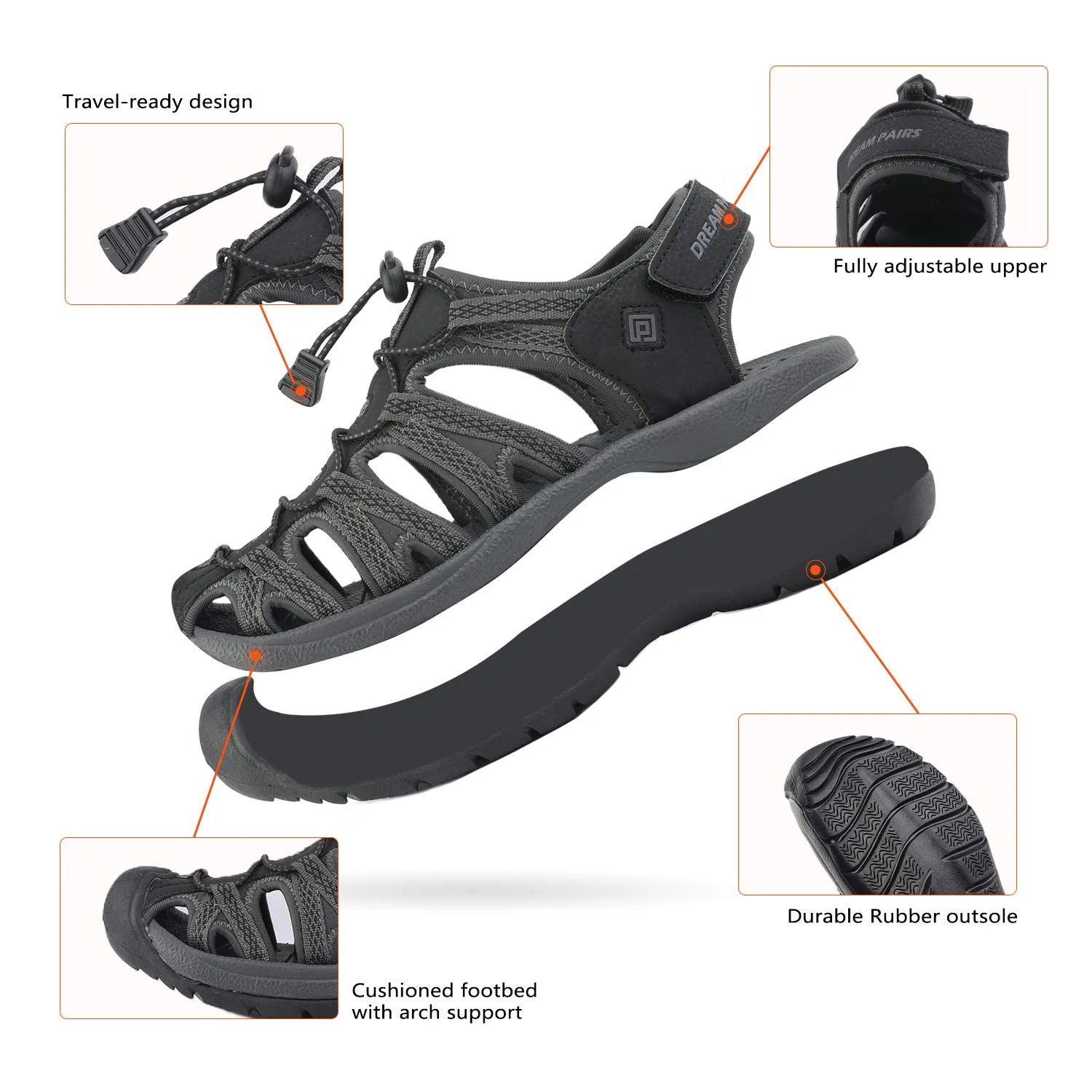 Men Fisherman Sandals Casual Hiking Sandals Comfort Outdoor Sport Shoes Summer 160912-M-NEW BROWN/BLACK/ORANGE Size 9.5