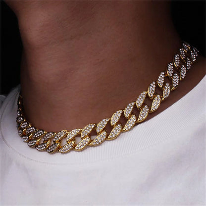 Mens Cuban Link Chain Gold Silver Rose Gold Plated Bling Miami Cuban Necklace Diamond Chain for Men 15MM Iced Out Hip Hop Jewelry