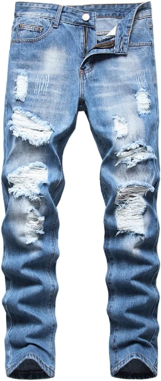 Men'S Ripped Distressed Destroyed Straight Fit Washed Denim Jeans Pants