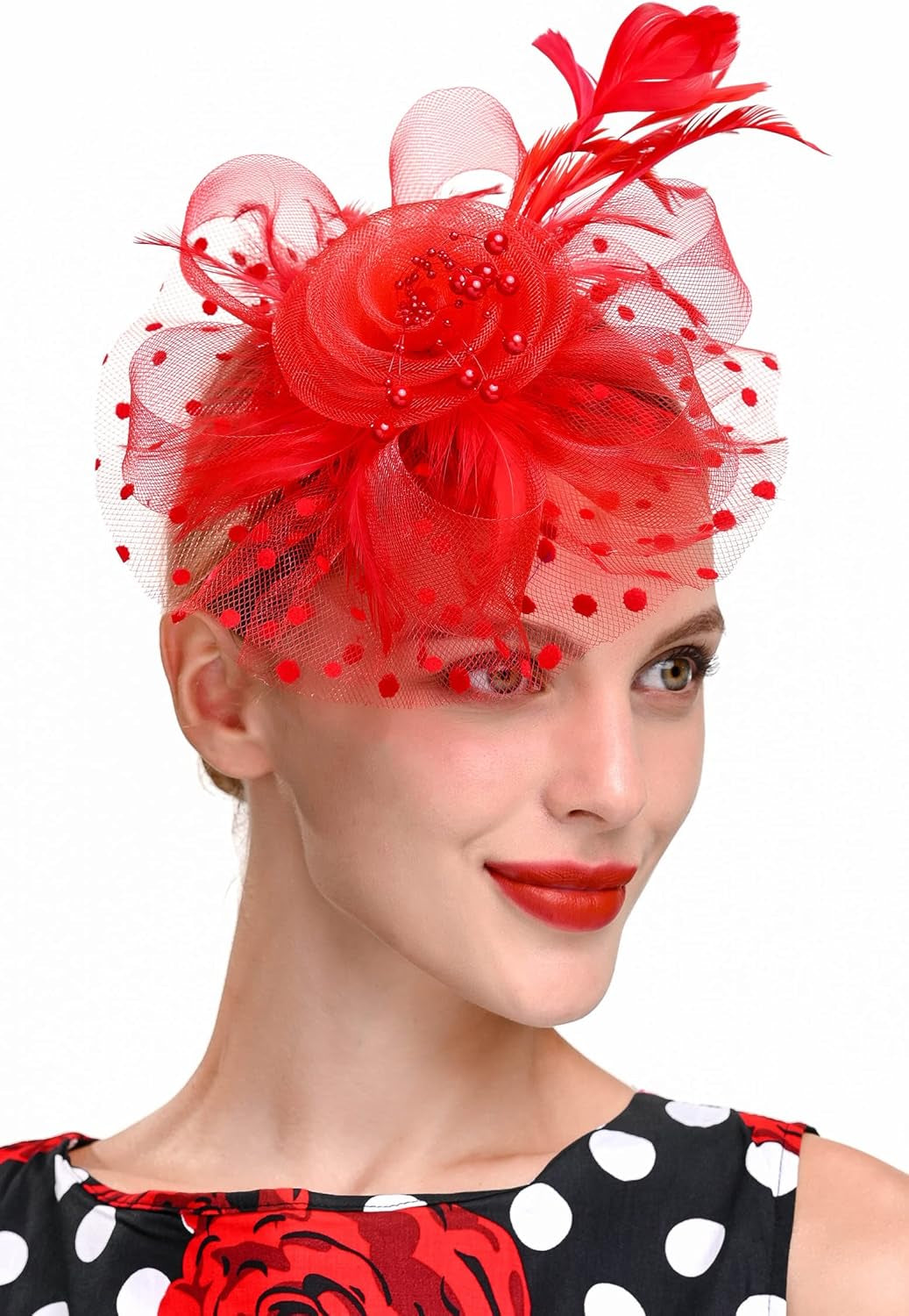 Red Fascinators Hat for Women Tea Party Headband Kentucky Derby Wedding Cocktail Flower Mesh Feathers Hair Clip