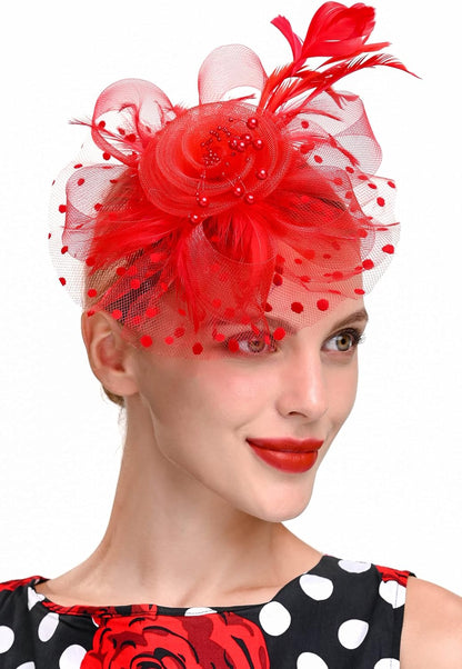 Red Fascinators Hat for Women Tea Party Headband Kentucky Derby Wedding Cocktail Flower Mesh Feathers Hair Clip