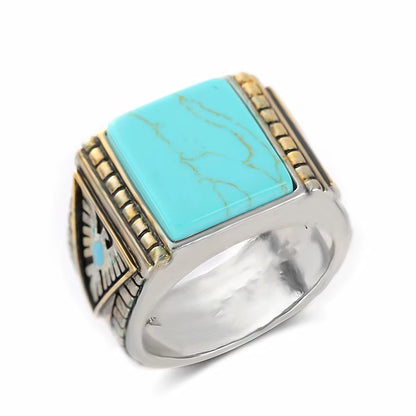 Fashion Vintage Square Turquoise Stones Rings for Men Feather Carving Indian Accessories Jewelry Bague Masculine Cool Band Gift