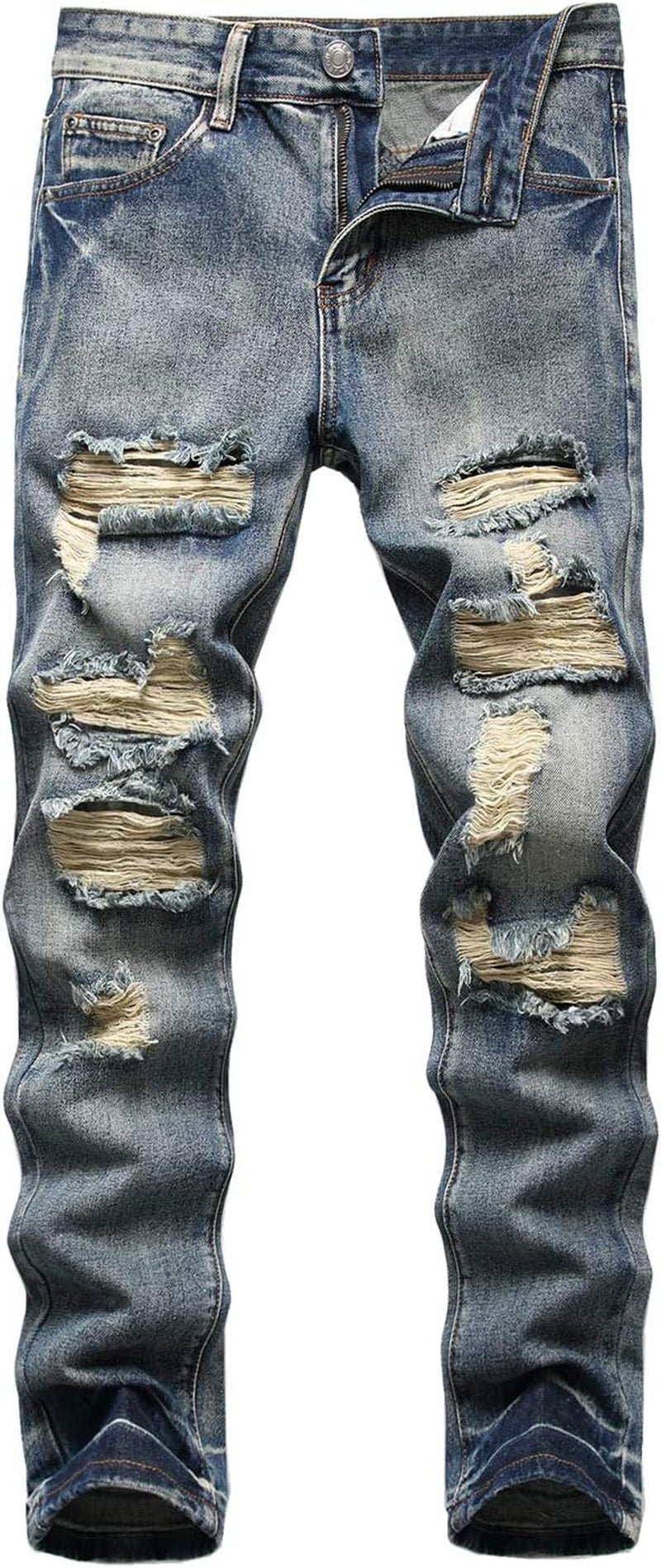 Men'S Ripped Distressed Destroyed Straight Fit Washed Denim Jeans Pants