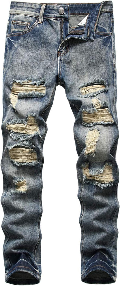 Men'S Ripped Distressed Destroyed Straight Fit Washed Denim Jeans Pants