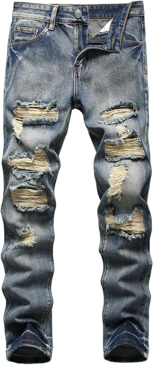 Men'S Ripped Distressed Destroyed Straight Fit Washed Denim Jeans Pants