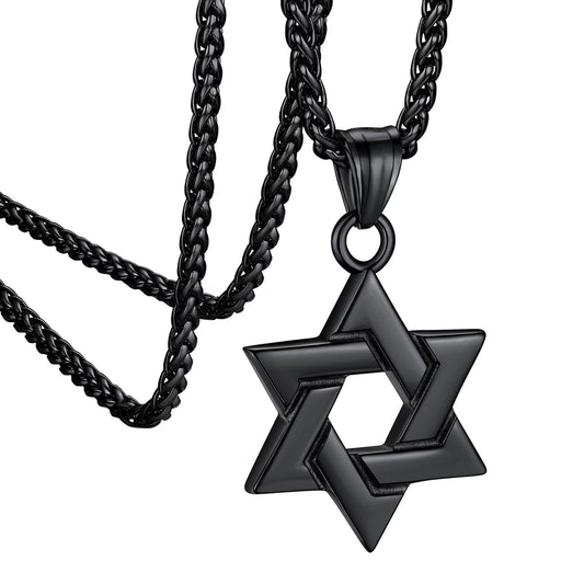 Jewish Star of David Necklace Hexagram Pendant Necklace Stainless Steel Jewelry Gifts for Men Boyfriend Dad Father - Black
