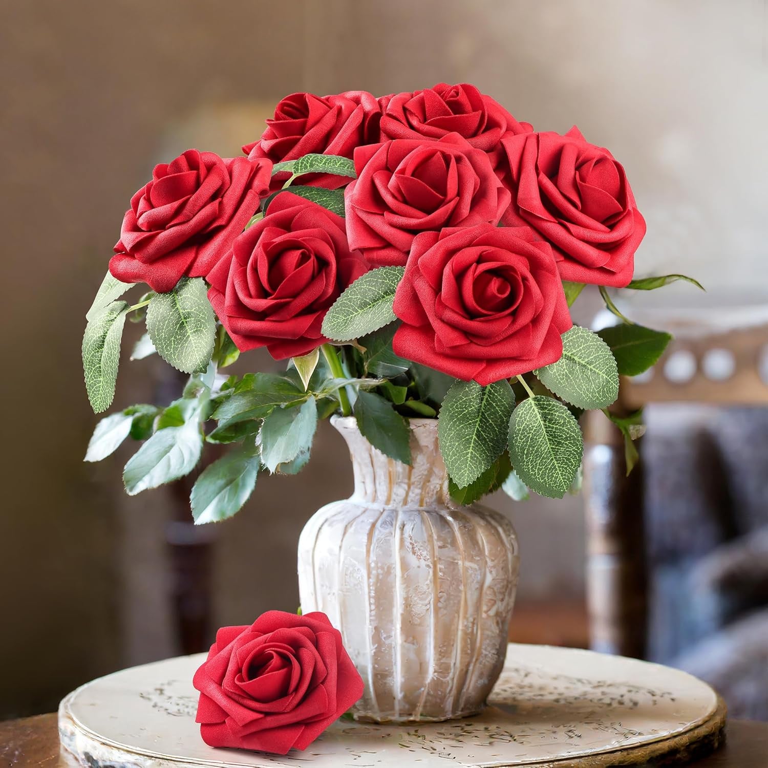 50Pcs Red Roses Artificial Flowers Bulk, Red Roses for Decorations, Real Looking Fake Foam Roses Bulk with Stems DIY Wedding Bouquet Faux Floral Arrangement Bride Shower Party Home Table Decor