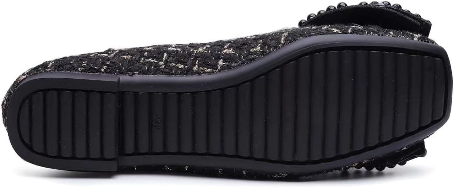 Women'S Classic Ballet Flat Shoes Bow Plaid Skirt Square Head Comfortable Non Slip Wedding Flat Shoes Women'S Dress Flat Shoes Black Size9