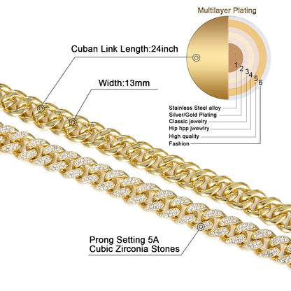 Mens Cuban Link Chain Gold Silver Rose Gold Plated Bling Miami Cuban Necklace Diamond Chain for Men 15MM Iced Out Hip Hop Jewelry