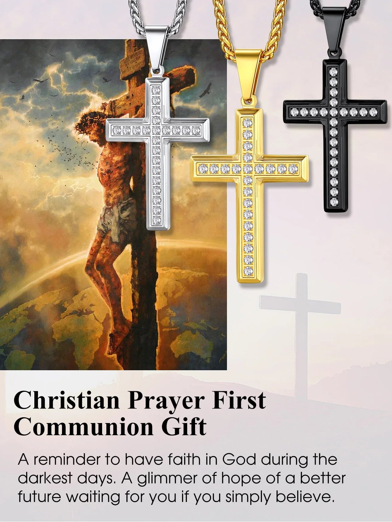 Men'S Cross Necklace with Sparkle Cubic Zirconia Christian Jesus Cross Pendant Necklace 3D Trendy Jewelry Gift, Silver