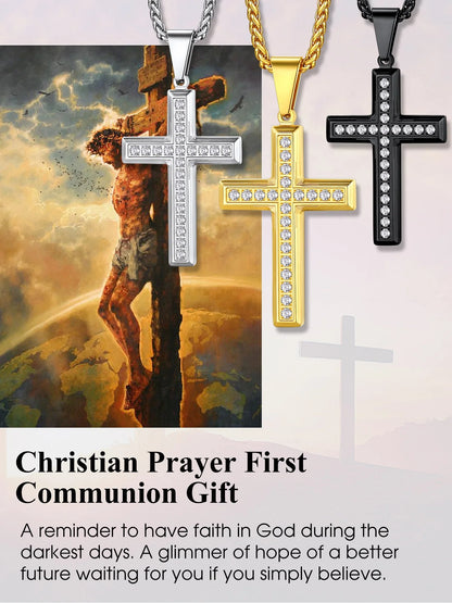 Men'S Cross Necklace with Sparkle Cubic Zirconia Christian Jesus Cross Pendant Necklace 3D Trendy Jewelry Gift, Silver