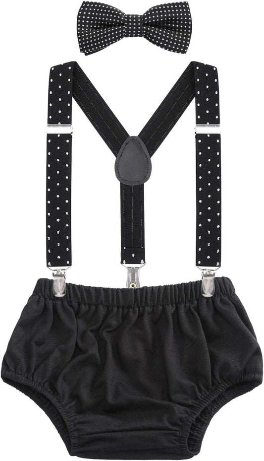 Baby Boys Cake Smash Outfit - First Birthday Party Suspenders Bow Tie Bloomers Set