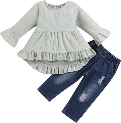 Toddler Baby Girl Clothes Cotton Linen Long Sleeve Ruffle Top and Ripped Jeans Outfit Sets
