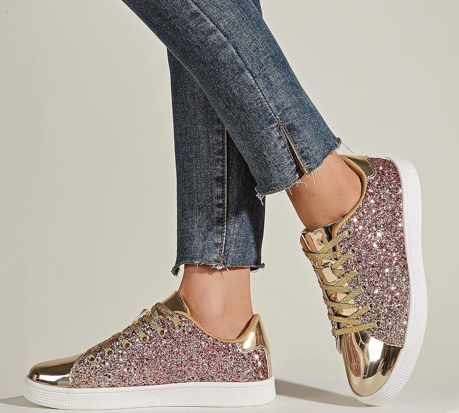 Glitter Shoes Sparkly Bling Shiny Bedazzled Lace up Fashion Sneakers for Women