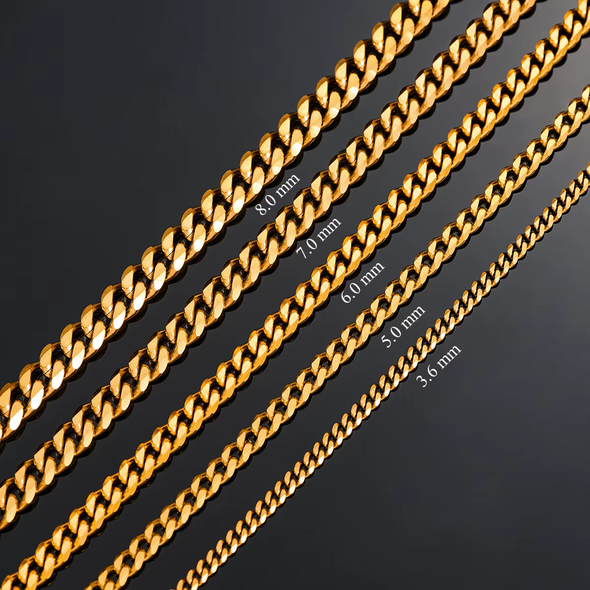 3.6Mm/5Mm/6Mm/7Mm/8Mm Gold Color Stainless Steel Cuban Link Chains Classic Men Boy Curb Chunky Necklace 14 to 30 Inches