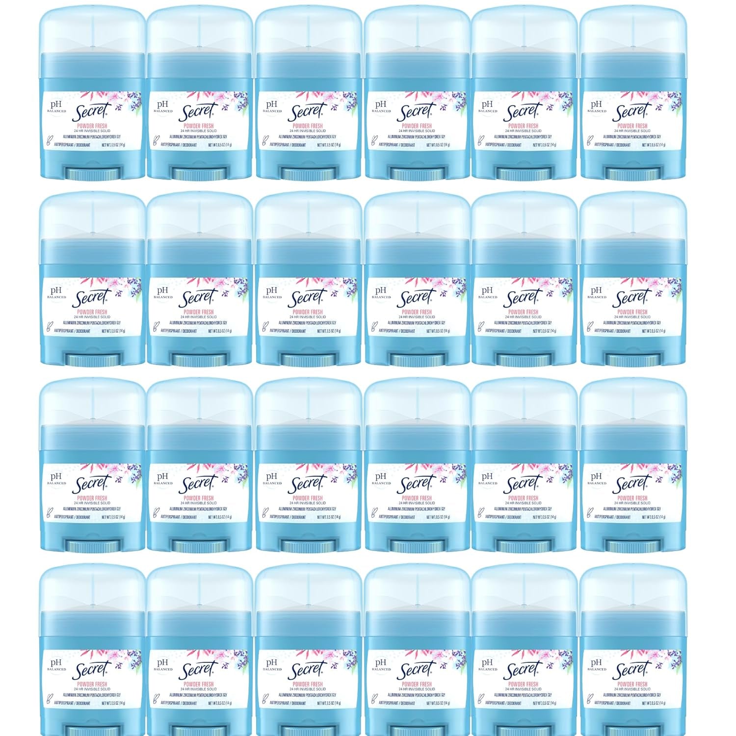 Antiperspirant and Deodorant for Women, 24Hr Sweat & Odor Protection, PH Balanced Protection, Gentle on Skin, Invisible Solid, Travel Size, Powder Fresh Scent, 0.5 Oz (Pack of 24)