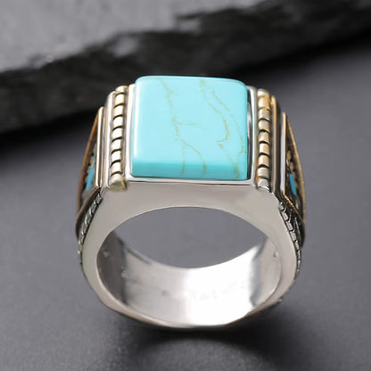 Fashion Vintage Square Turquoise Stones Rings for Men Feather Carving Indian Accessories Jewelry Bague Masculine Cool Band Gift