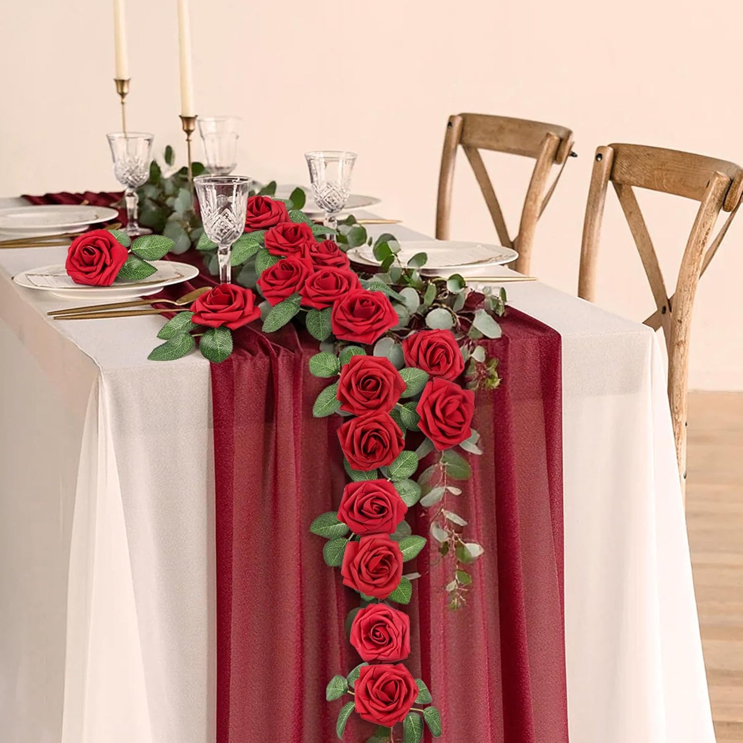 50Pcs Red Roses Artificial Flowers Bulk, Red Roses for Decorations, Real Looking Fake Foam Roses Bulk with Stems DIY Wedding Bouquet Faux Floral Arrangement Bride Shower Party Home Table Decor