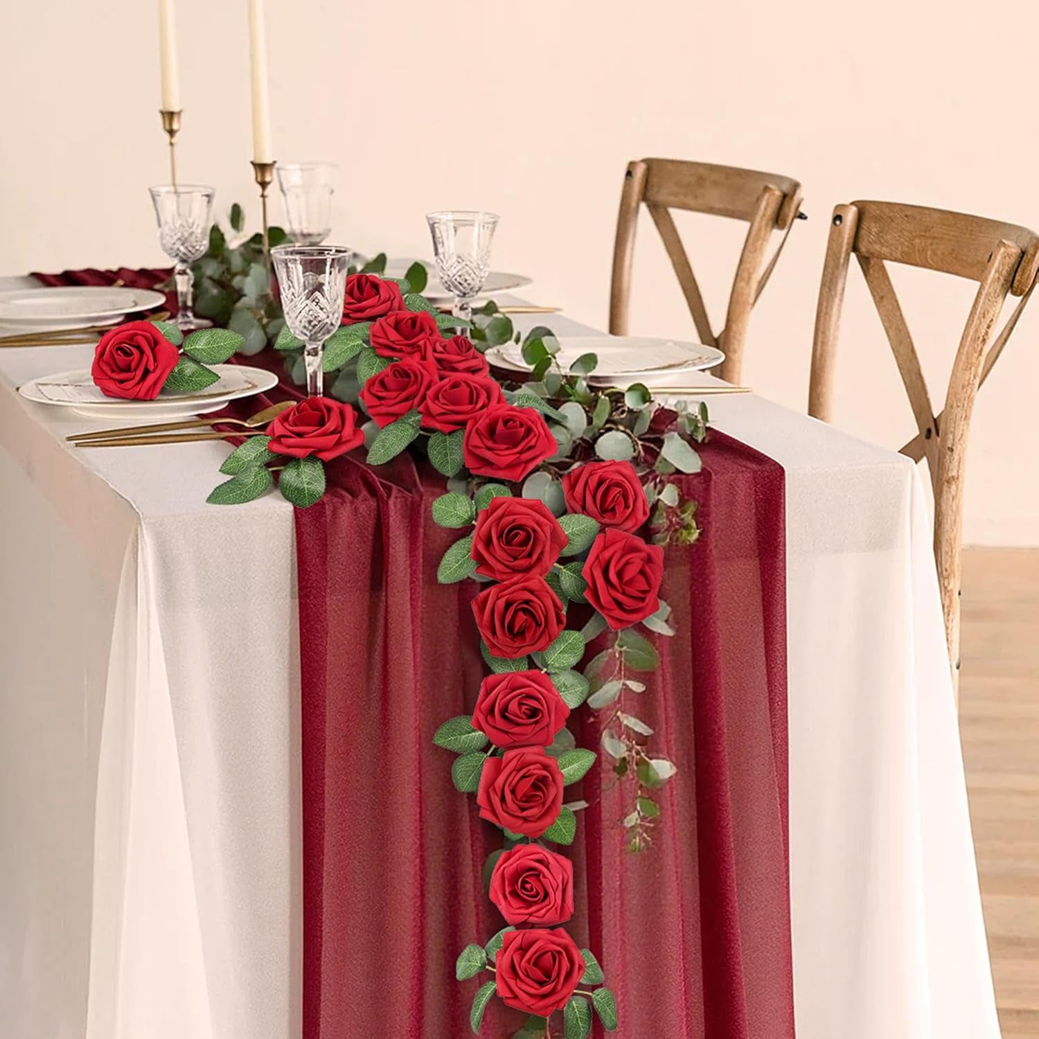 50Pcs Red Roses Artificial Flowers Bulk, Red Roses for Decorations, Real Looking Fake Foam Roses Bulk with Stems DIY Wedding Bouquet Faux Floral Arrangement Bride Shower Party Home Table Decor