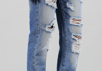 Men'S Ripped Distressed Destroyed Straight Fit Washed Denim Jeans Pants